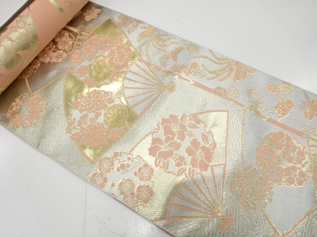 JAPANESE KIMONO / ANTIQUE BOLT FOR NAGOYA OBI / SILK / WOVEN FOLDING FAN & SNOWFLAKE & FLORAL PLANTS